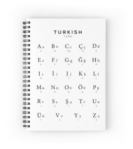 turkish alphabet chart, turkey language chart, white spiral notebook by typelab